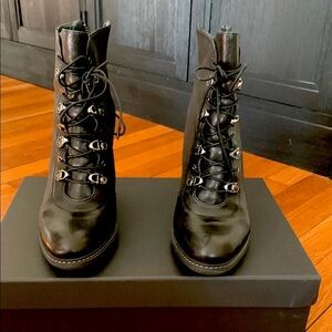 Stuart Weitzman Black Ankle Boots with Chunky Heel and Lace Up Design. Like new